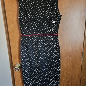 Enfocus Studio Black Midi Dress with White Dots and Red Trim